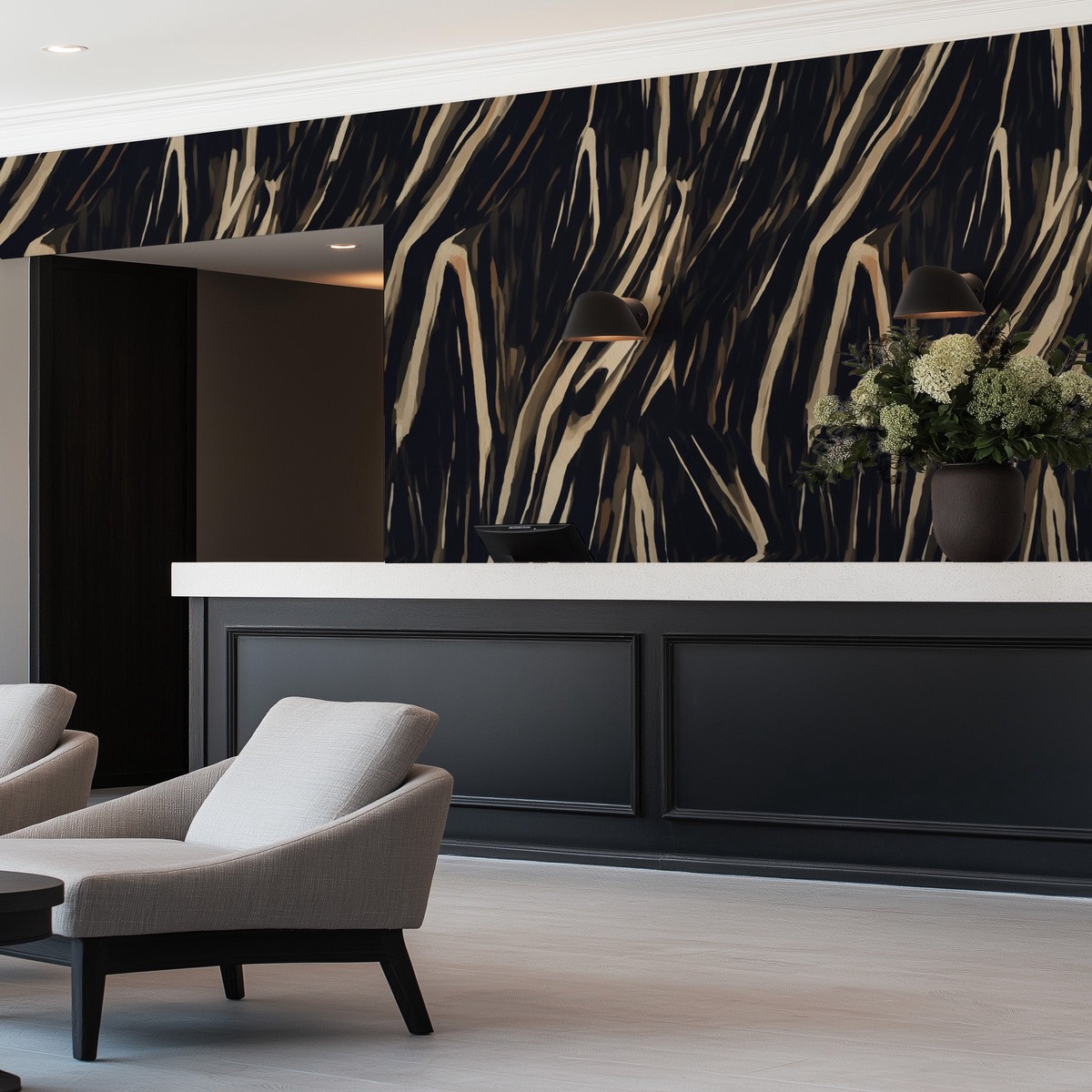 Pienza Abstract in Black Beige Commercial Vinyl Wallpaper