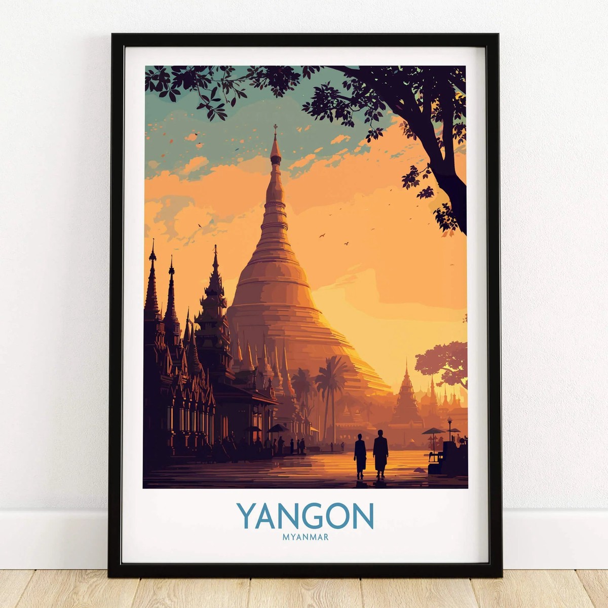 Yangon Myanmar Poster Golden Temple Monk Landscape Canvas Print