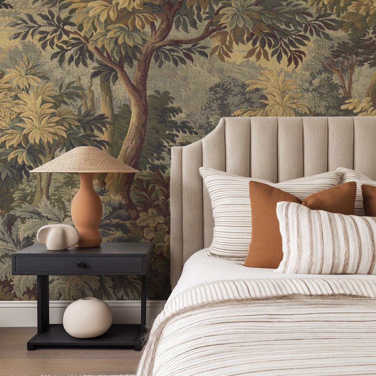 Vintage Tapestry Panoramic Mural in Luxe Beige Wallpaper