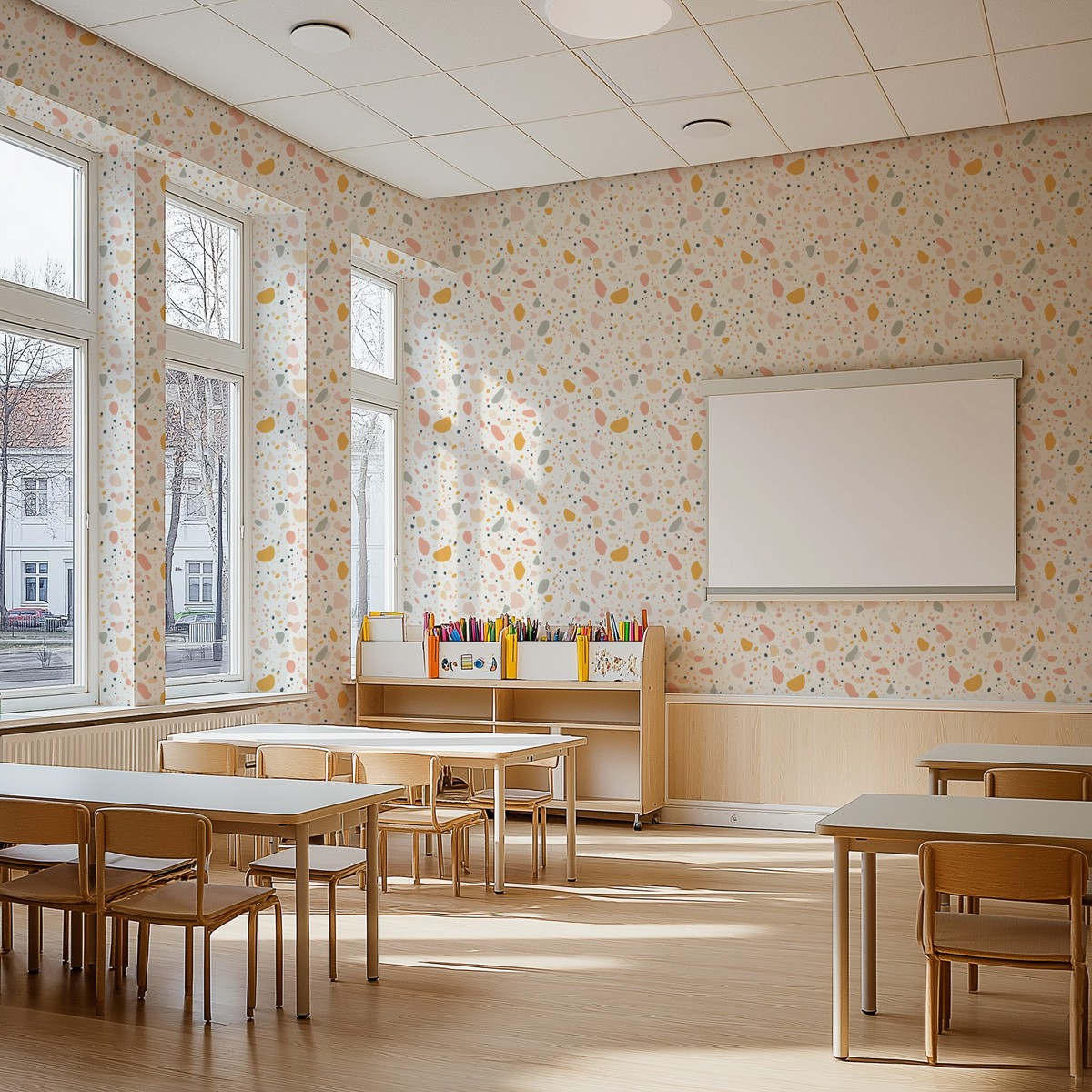 Abstract Kids Dots in Yellow White Commercial Vinyl Wallpaper