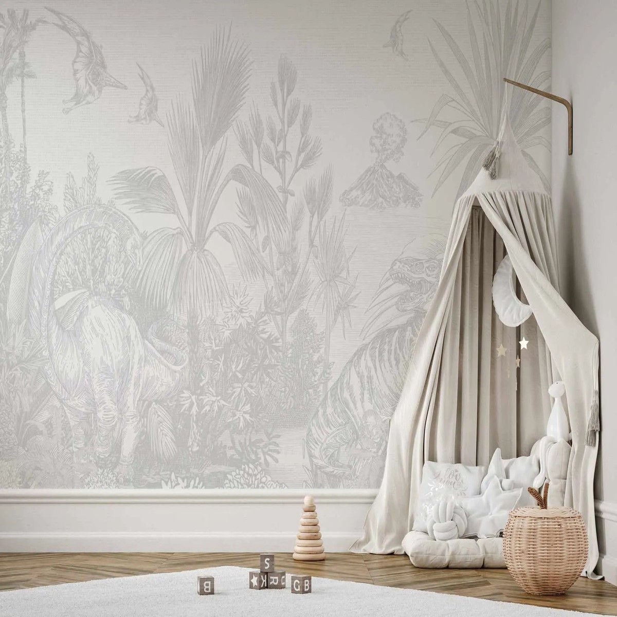 Vintage Jurassic Lands in Grey Wallpaper Mural