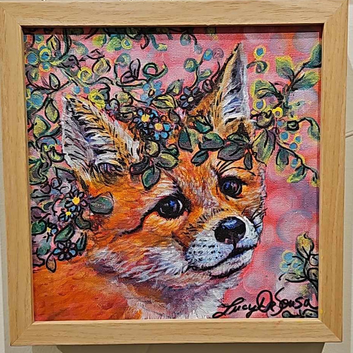 Marigold original baby fox painting by Lucy De Sousa