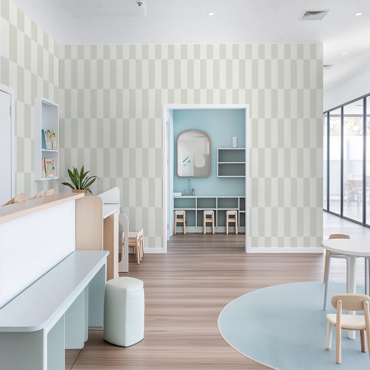 Long Check in Sage Green Commercial Vinyl Wallpaper