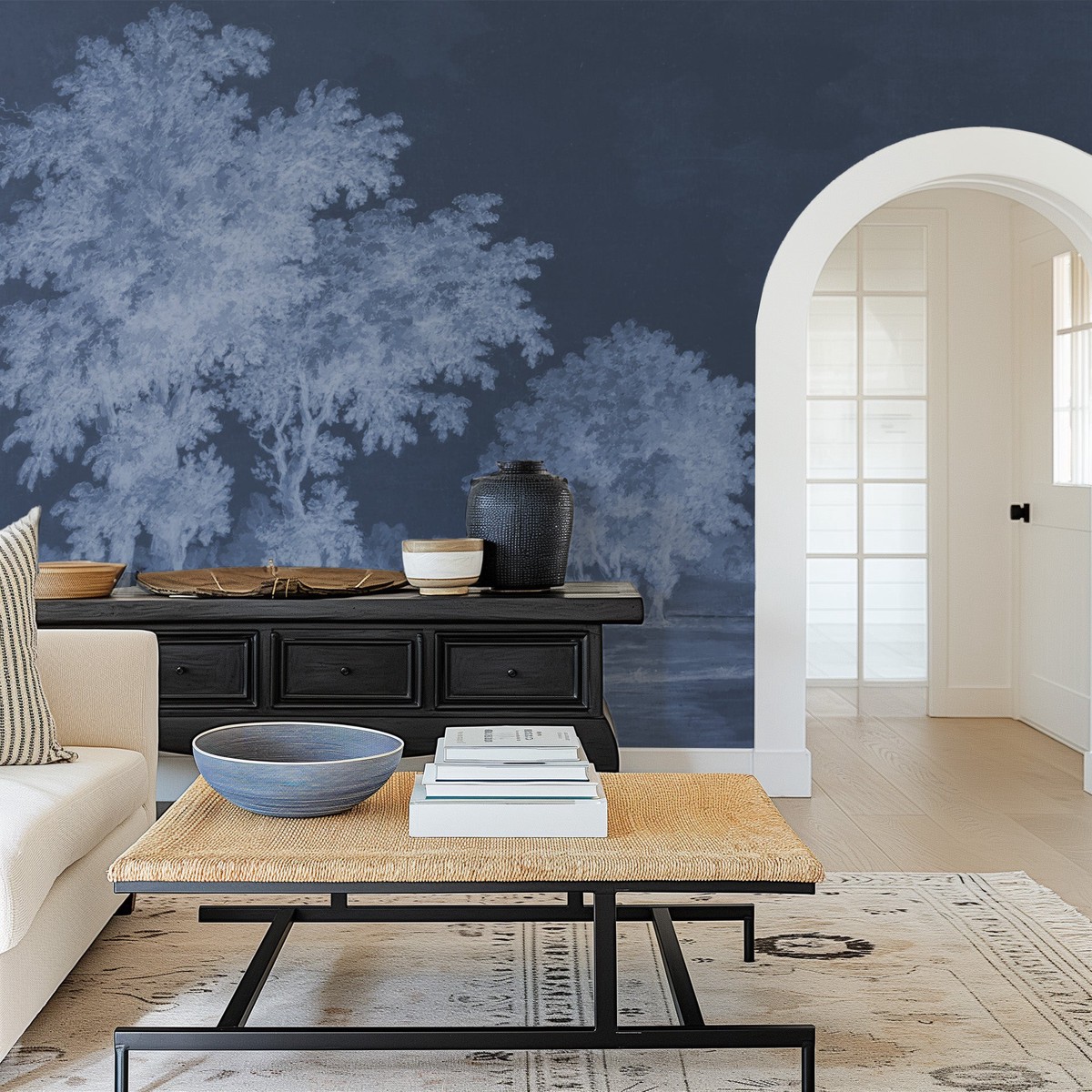 Vintage Oak Tree Midnight Blue Wallpaper Mural