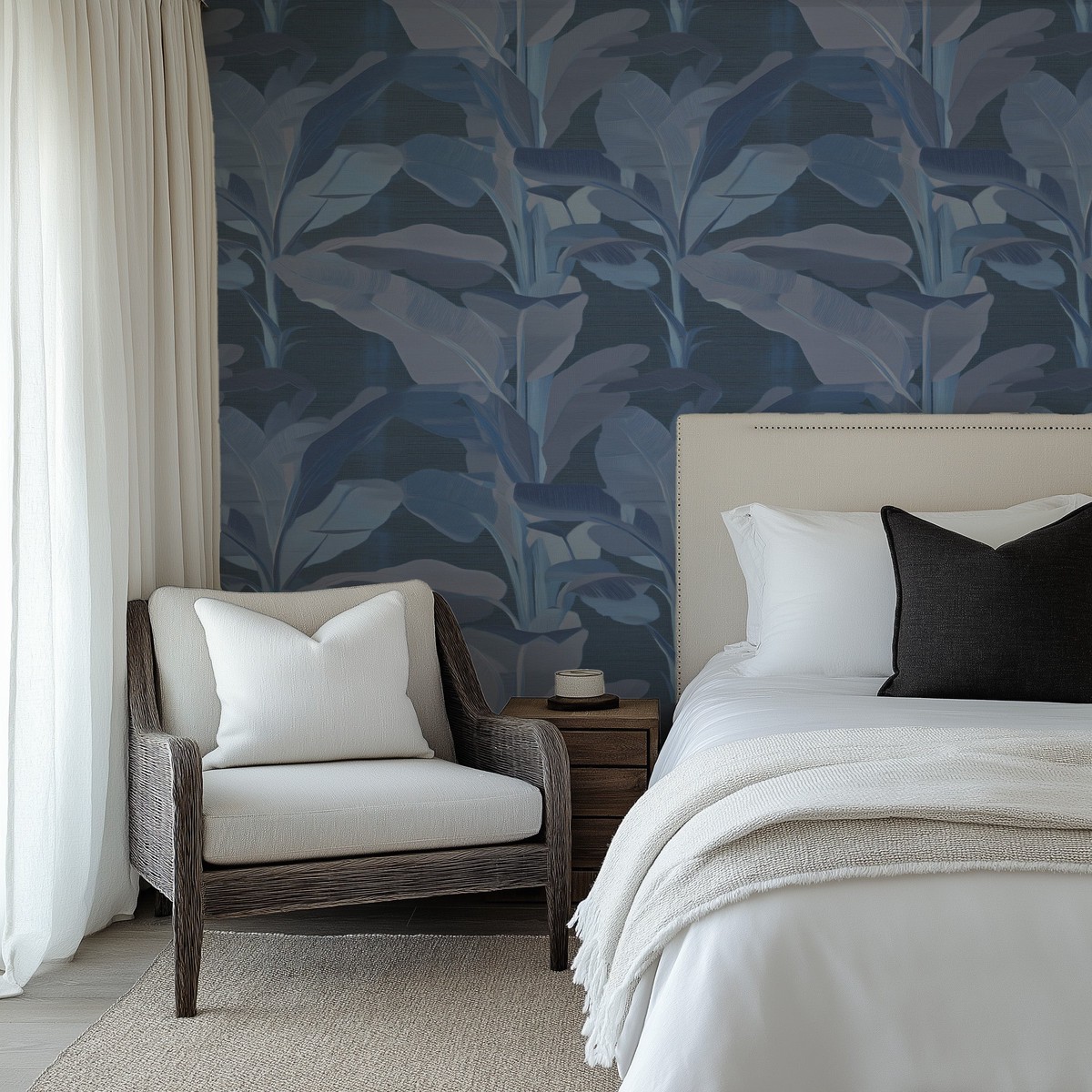 Palmera Nocturne in Navy Blue Commercial Vinyl Wallpaper