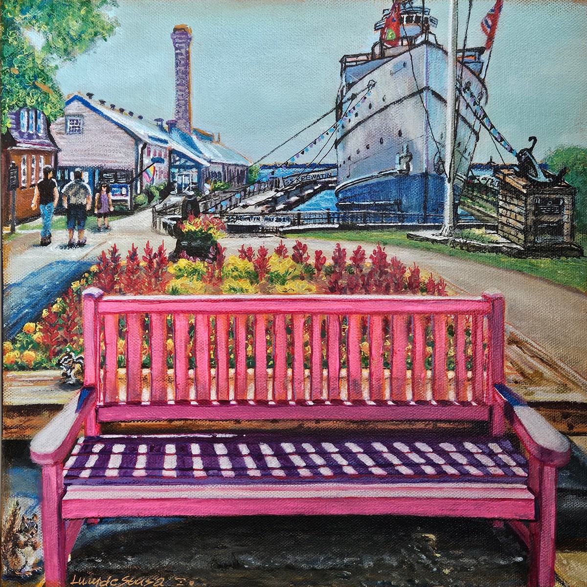A Happy Place- Pink Bench Keewatin Steamship Original painting by Lucy De Sousa