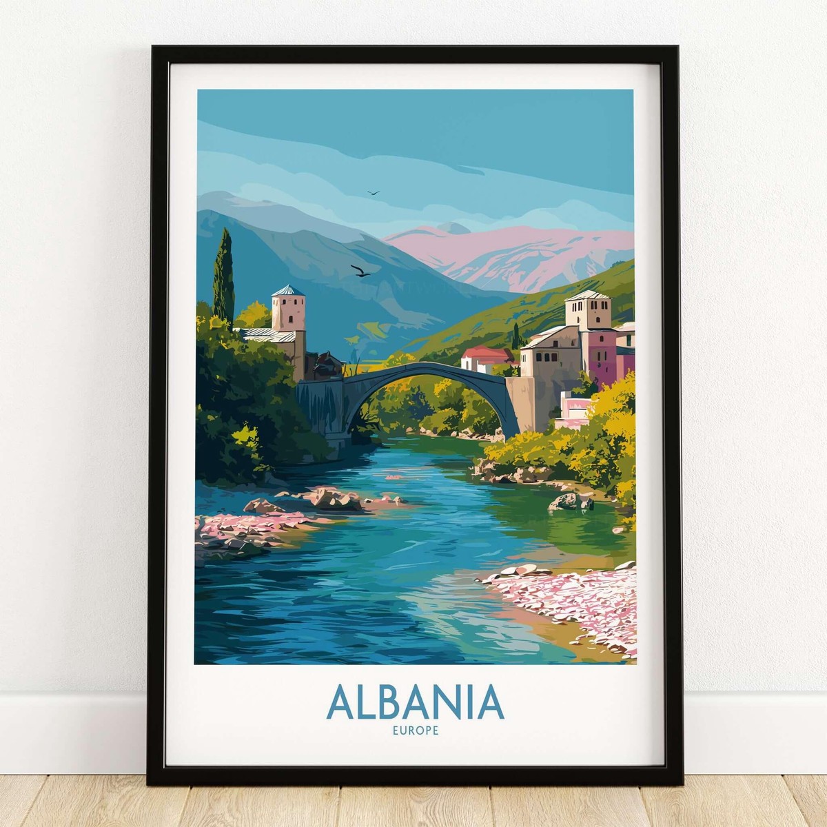 Albania Historic Stone Bridge Art Print Mountain River Landscape Poster