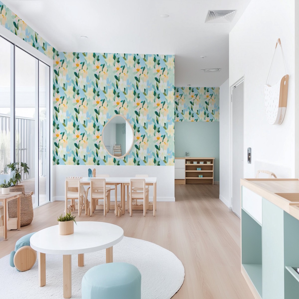 Painted Florals in Light Blue Sage Green Commercial Vinyl Wallpaper