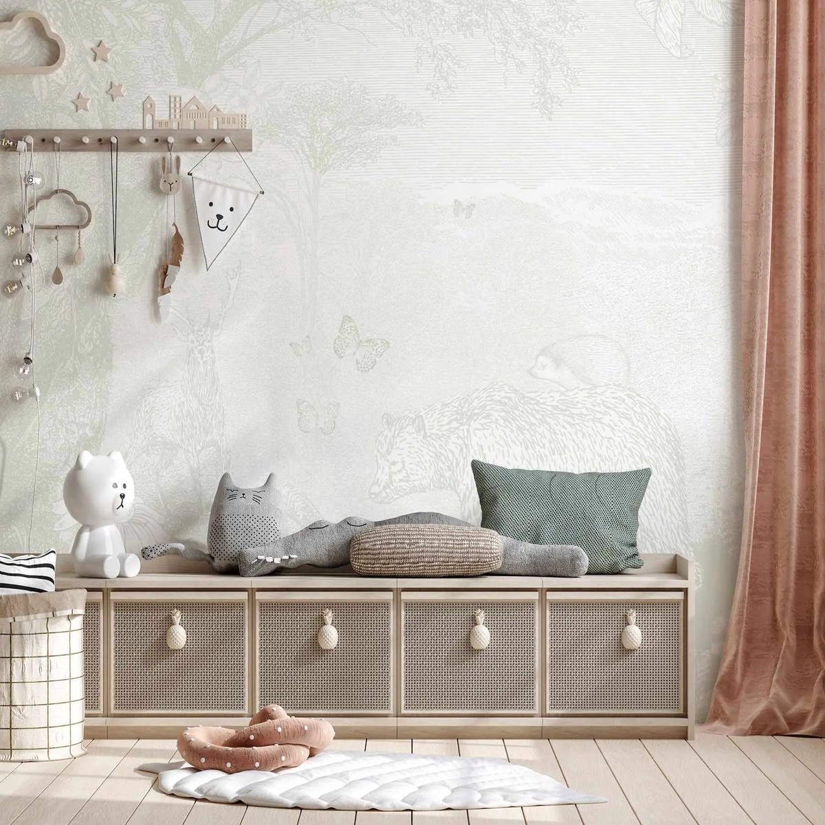 Vintage Animal Forest in Soft Sage Wallpaper Mural