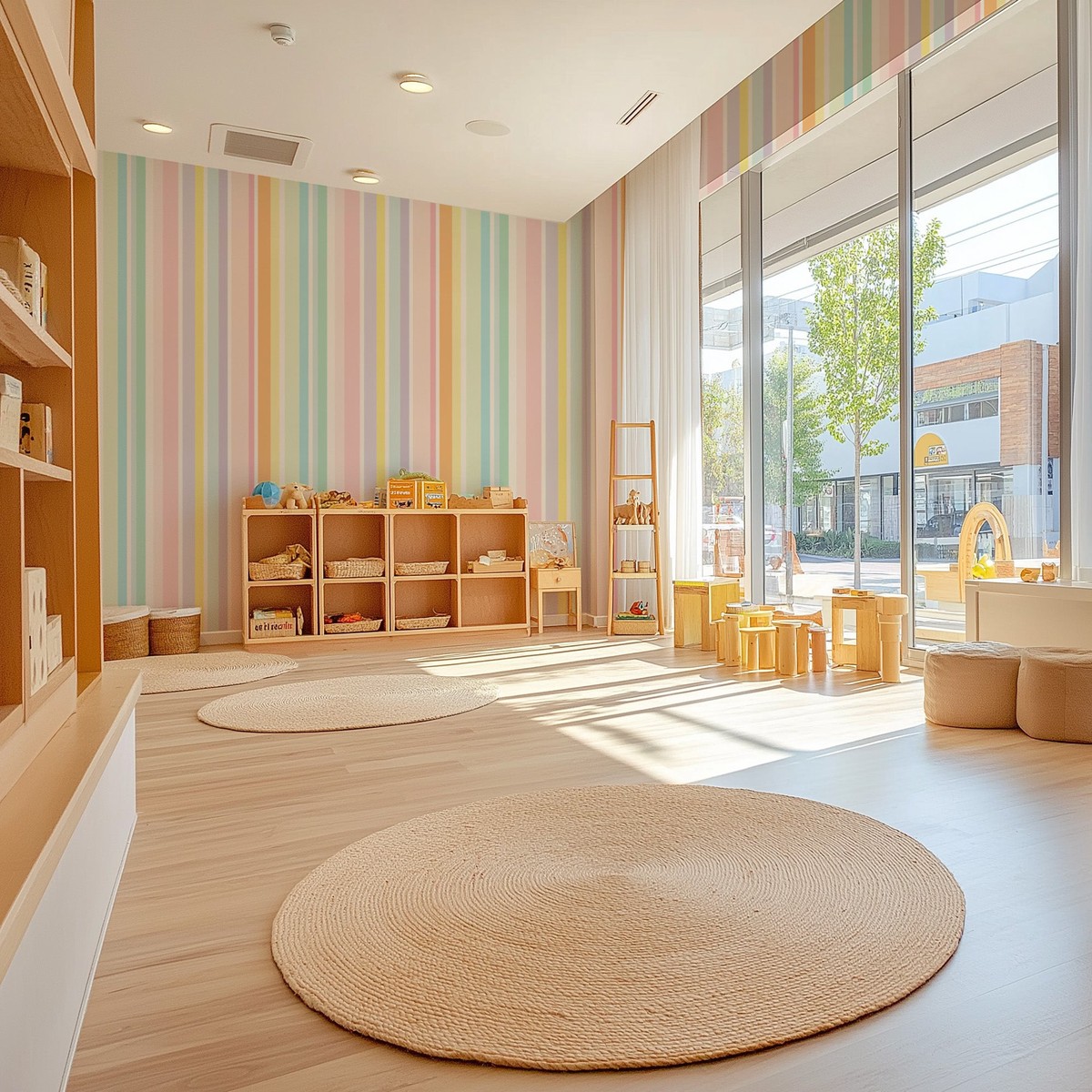 Pastel Rainbow Stripe in Pink Green Commercial Vinyl Wallpaper