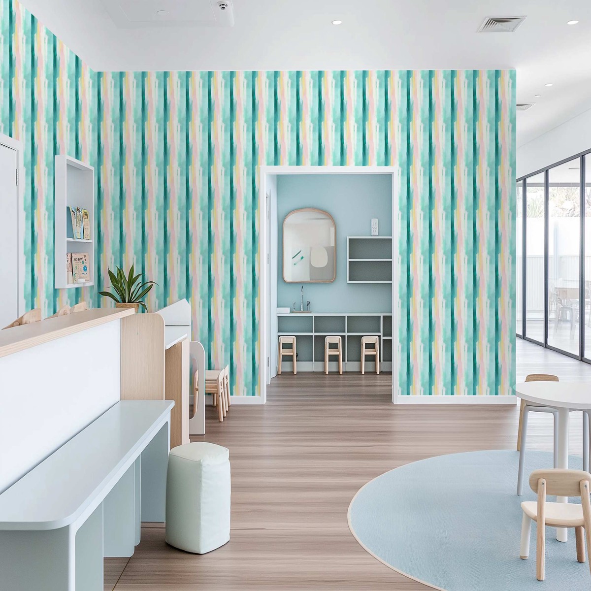 Painted Stripes in Green Pink Commercial Vinyl Wallpaper