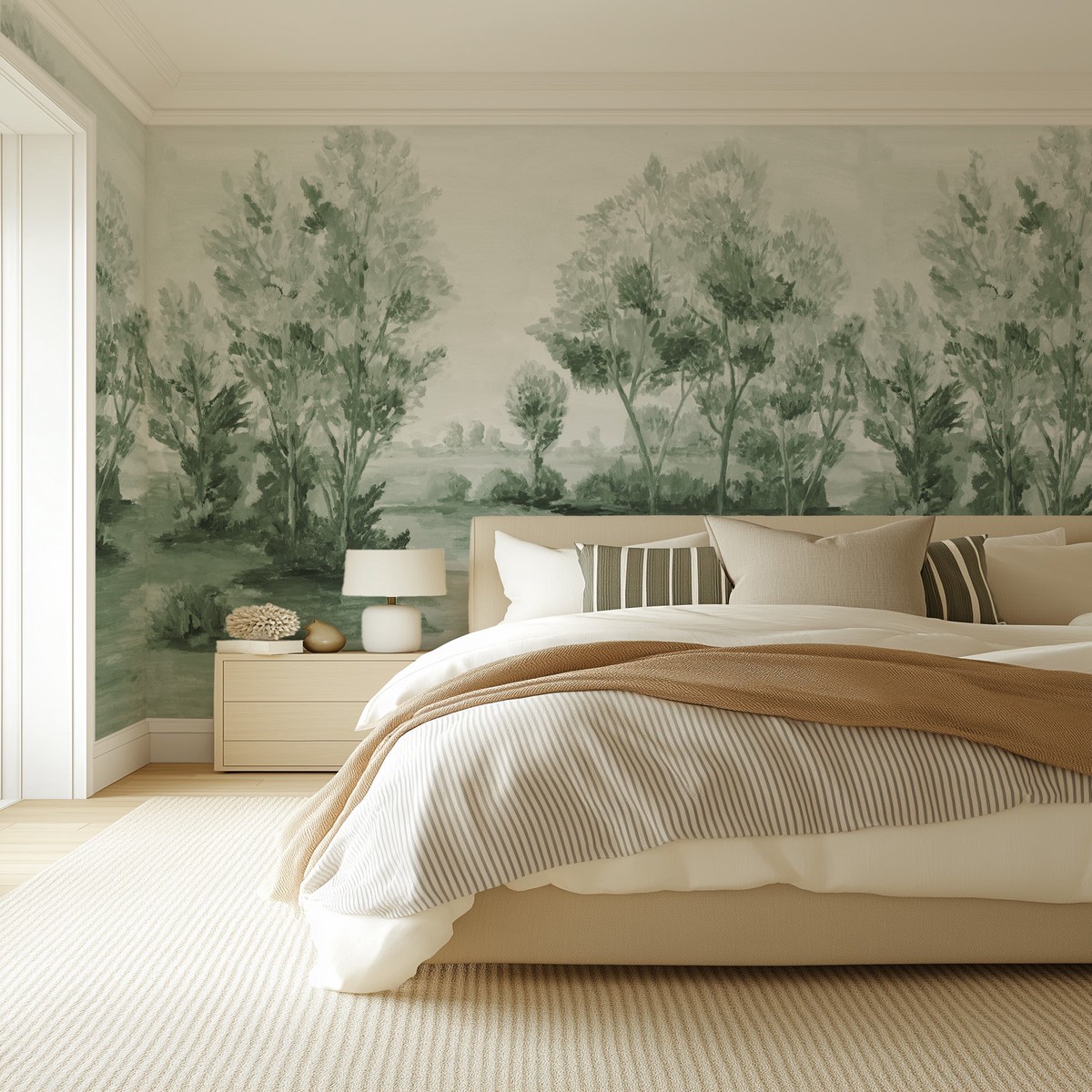 Vintage Woodland Trees in Emerald Green Panoramic Painted Mural Wallpaper