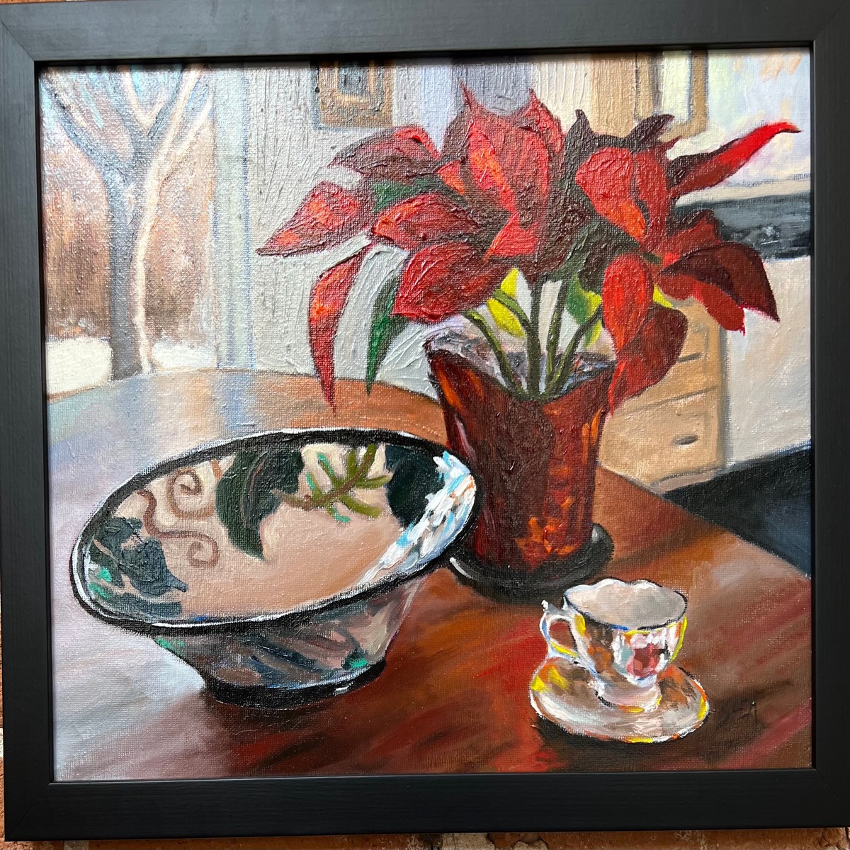 Bowl Tea Cup Red Flower - original art by Pat Shea