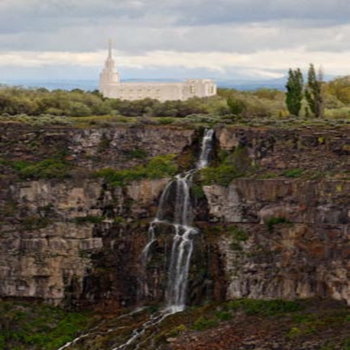Twin Falls Temple - Waterfall Vertical by Robert A Boyd