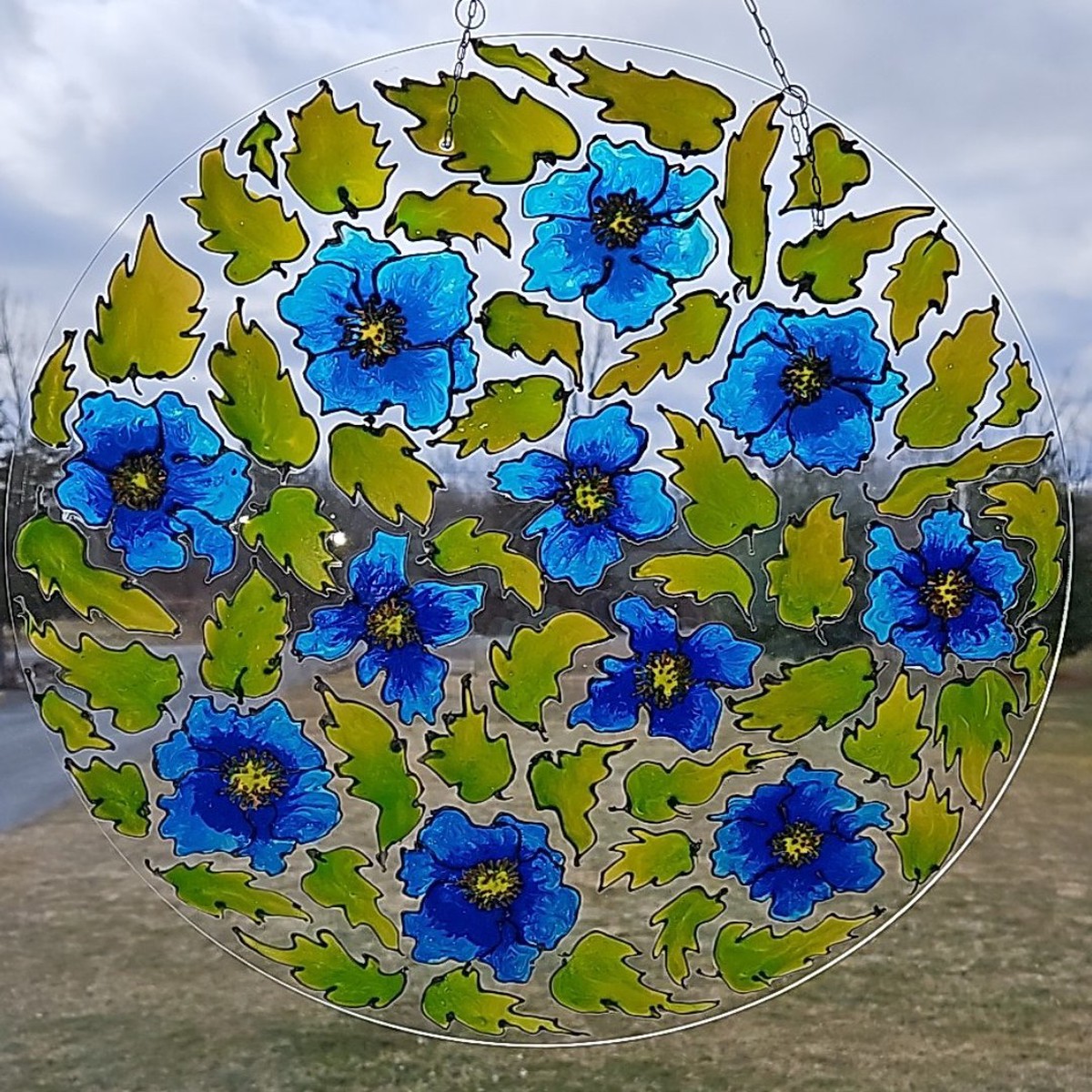 Blue Poppies round glass Suncatcher glass art by Lucy De Sousa
