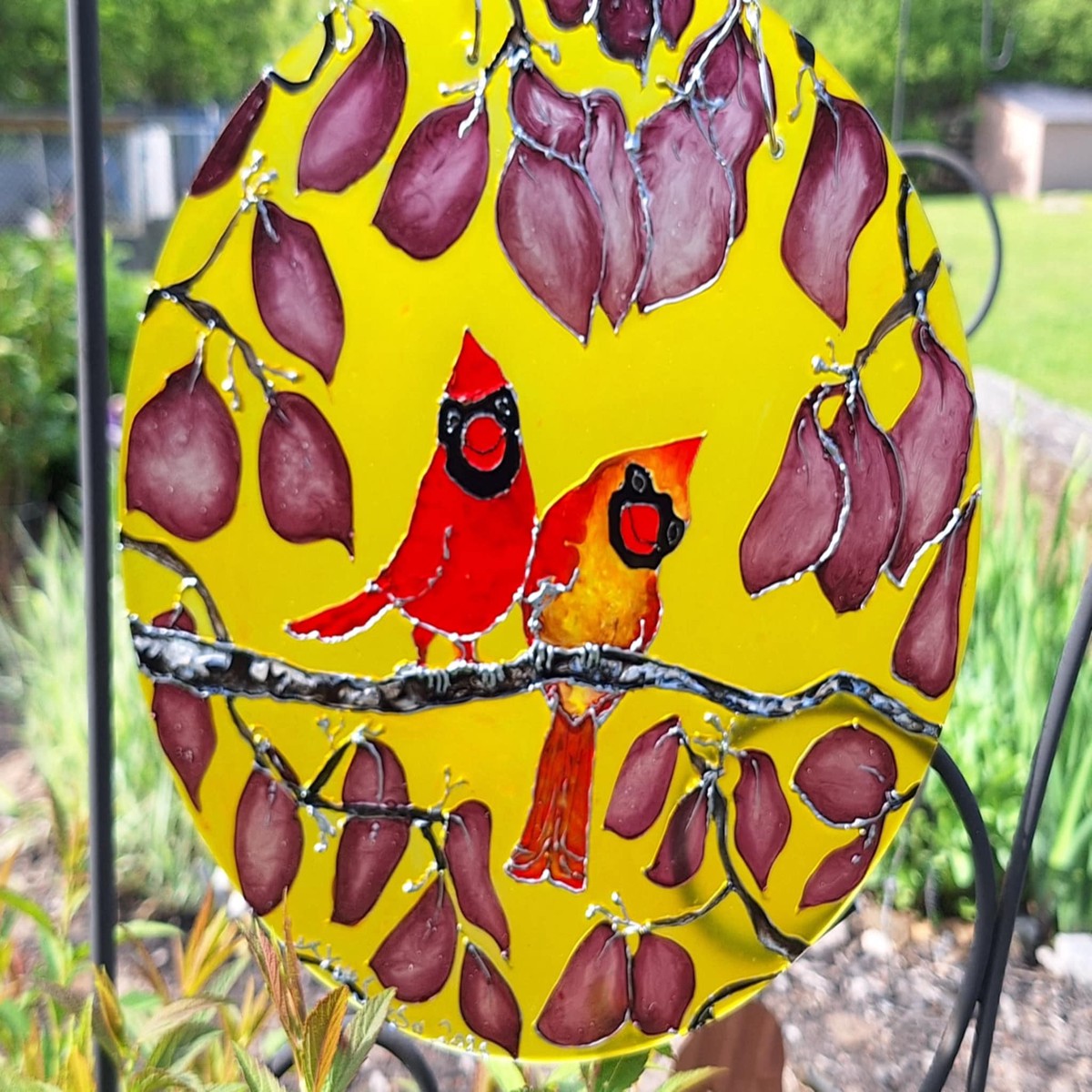 Cardinals round glass art Suncatcher original art by Lucy De Sousa