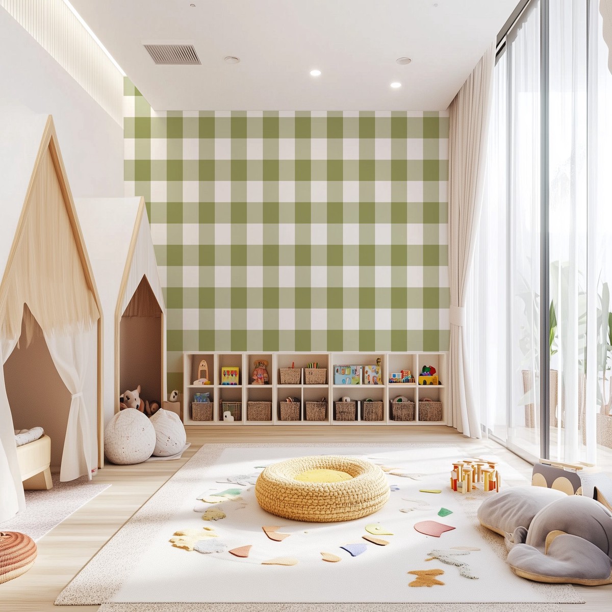 Large Gingham in Olive Green Commercial Vinyl Wallpaper