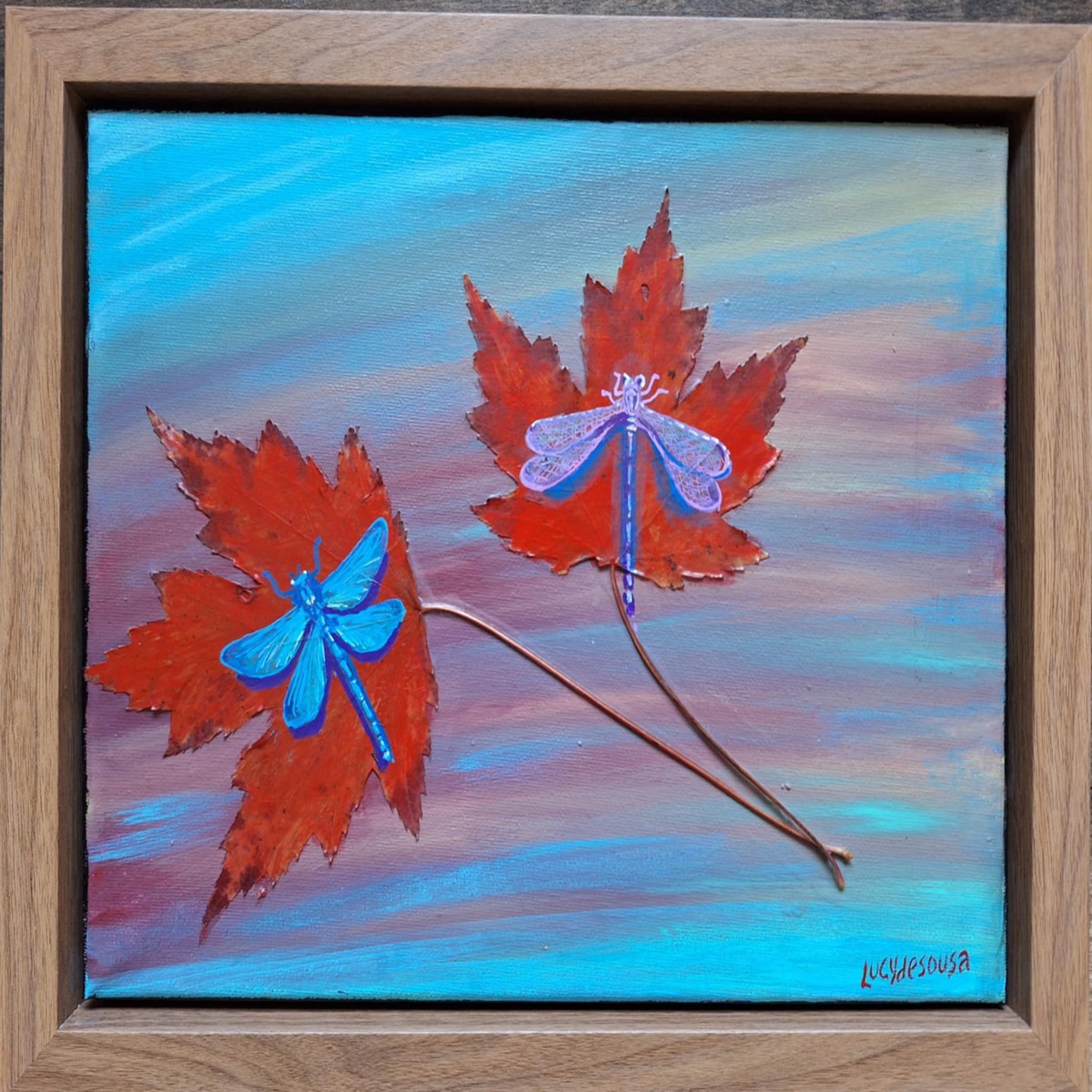 Dragonflies on Maple Leaves original painting by Lucy De Sousa