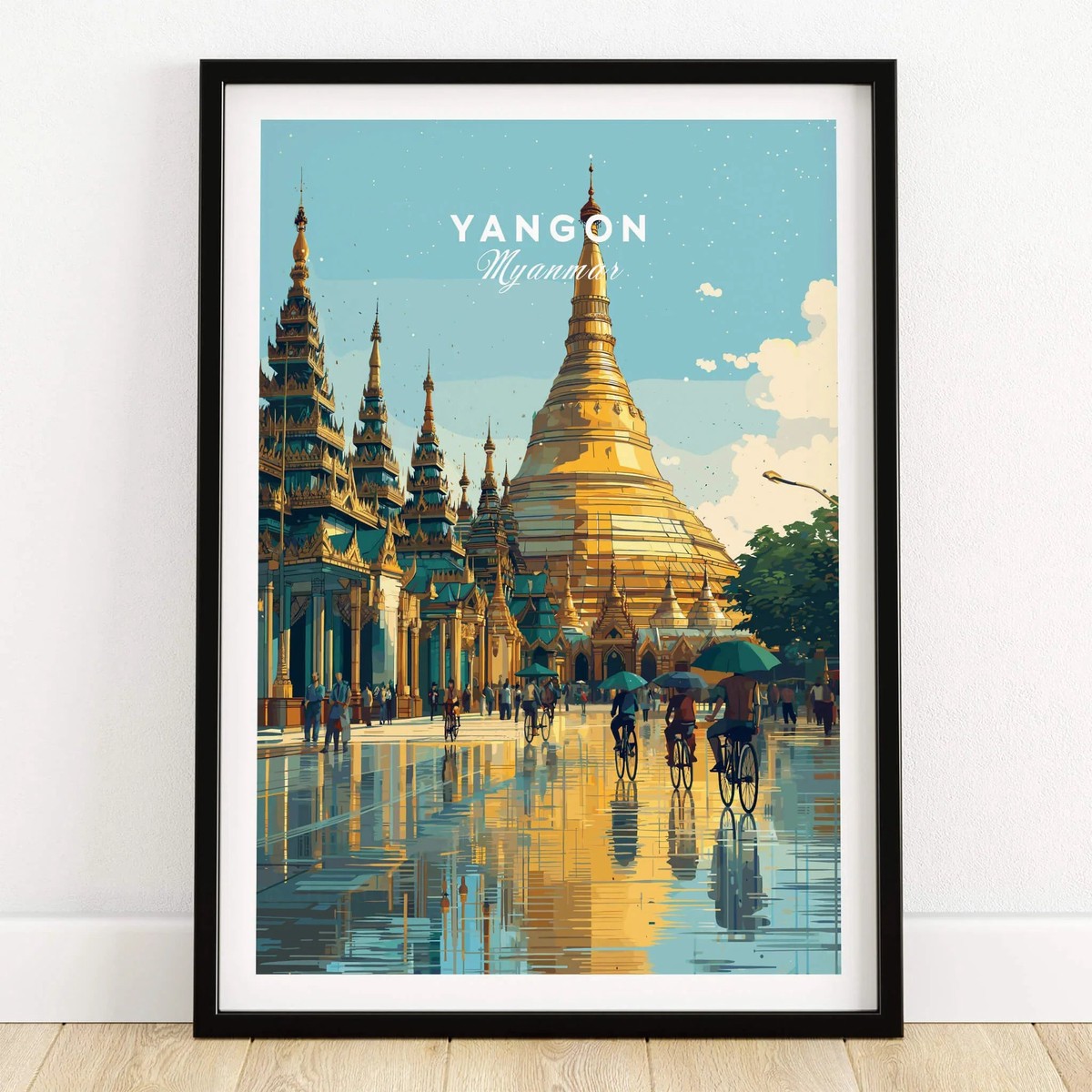 Yangon Myanmar Travel Poster Shwedagon Pagoda Reflection Wall Art Print