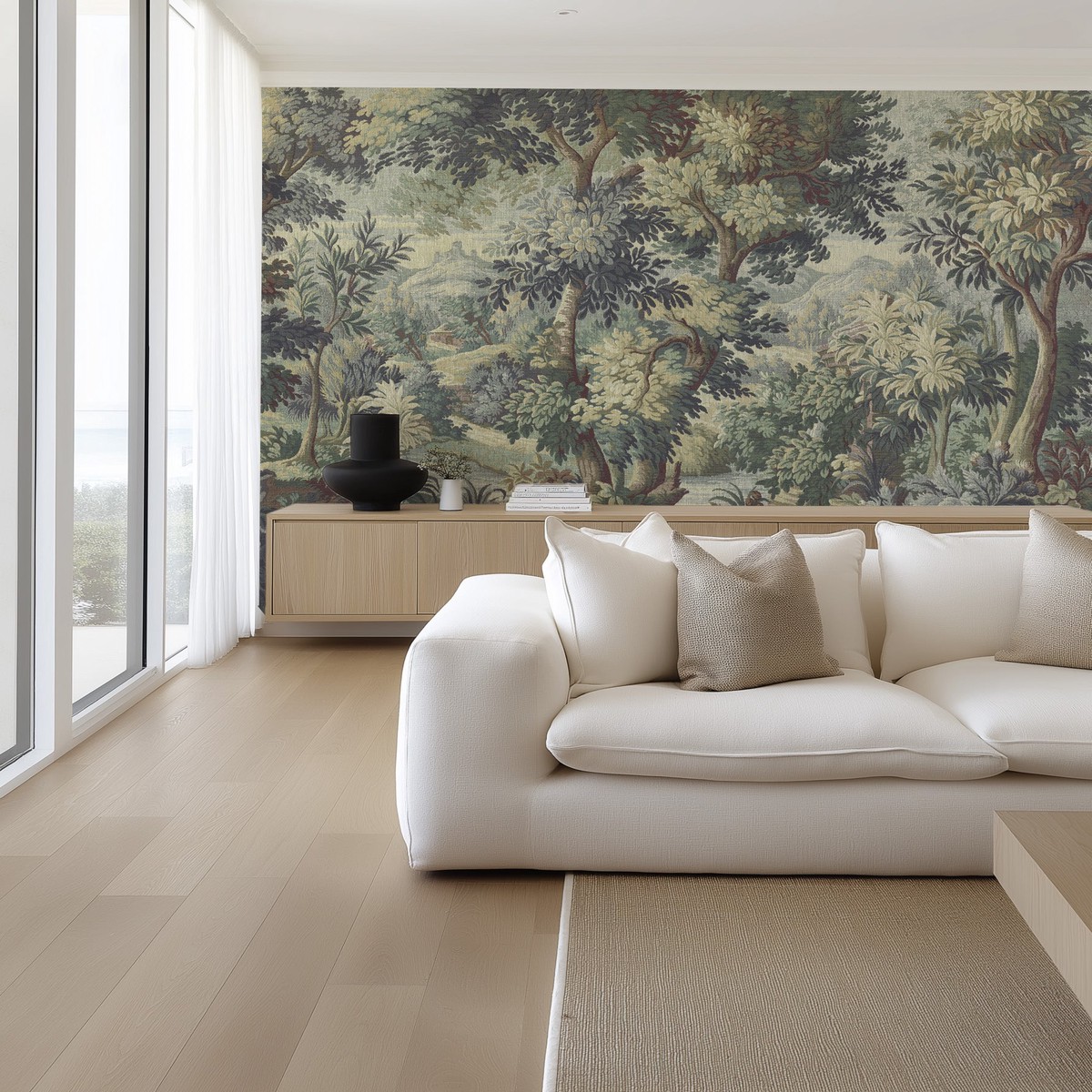 Vintage Tapestry Panoramic Mural in Sage Green Wallpaper